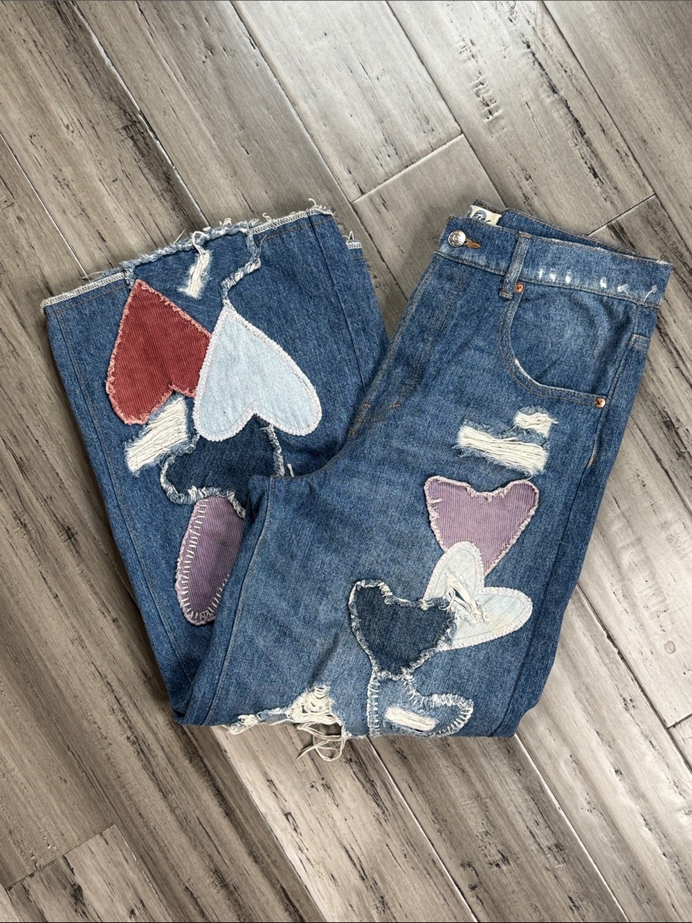 FREE PEOPLE WE THE FREE PIECE OF MY HEART PATCHWORK DISTRESSED WIDE LEG JEANS - Picture 6 of 14